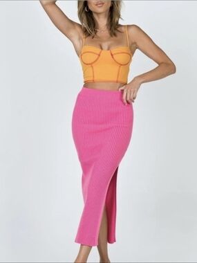 Princess Polly Pink Ribbed Fitted Midi Skirt Wity High Slit L/XL